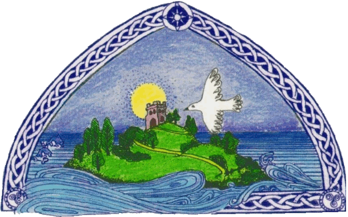 Jojous isle logo - dove flying over island